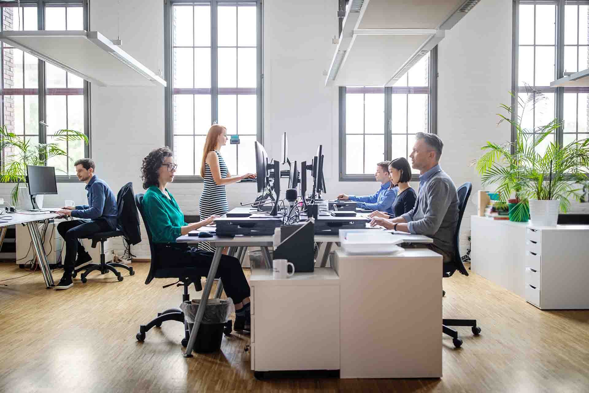 work in office standing desk open office